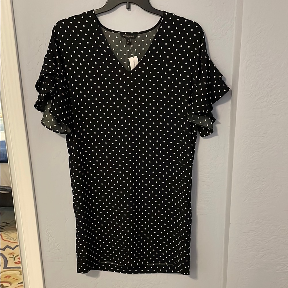 Polka Dot V-Neck Flutter Sleeve Dress - Black/White
